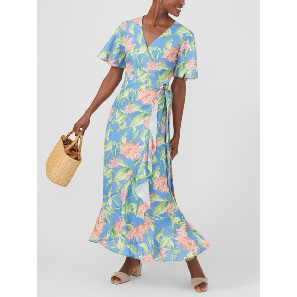 J. McLaughlin Dresses & Skirts - J. McLaughlin Audette Wrap Maxi Dress XL Blue Floral Linen Blend Peony Belted